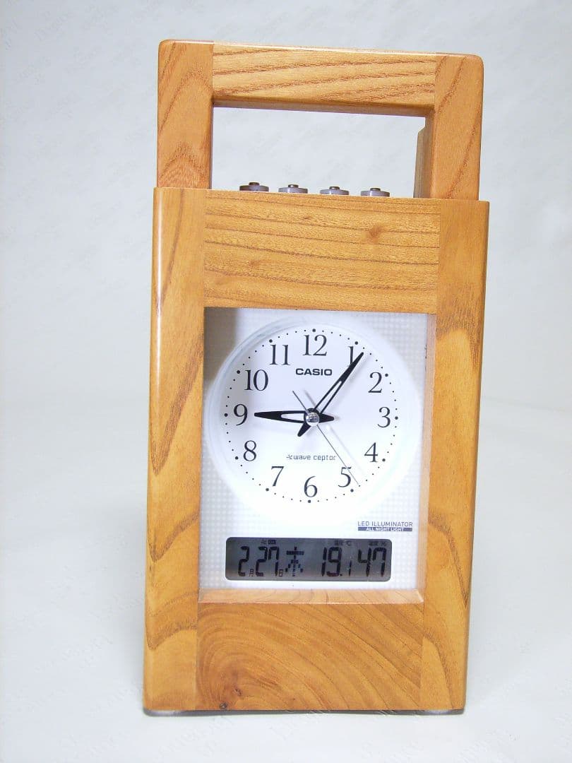 S014総欅板材ハンドル付き斜め型電波目覚まし時計（カシオTQT−351NJ使用
