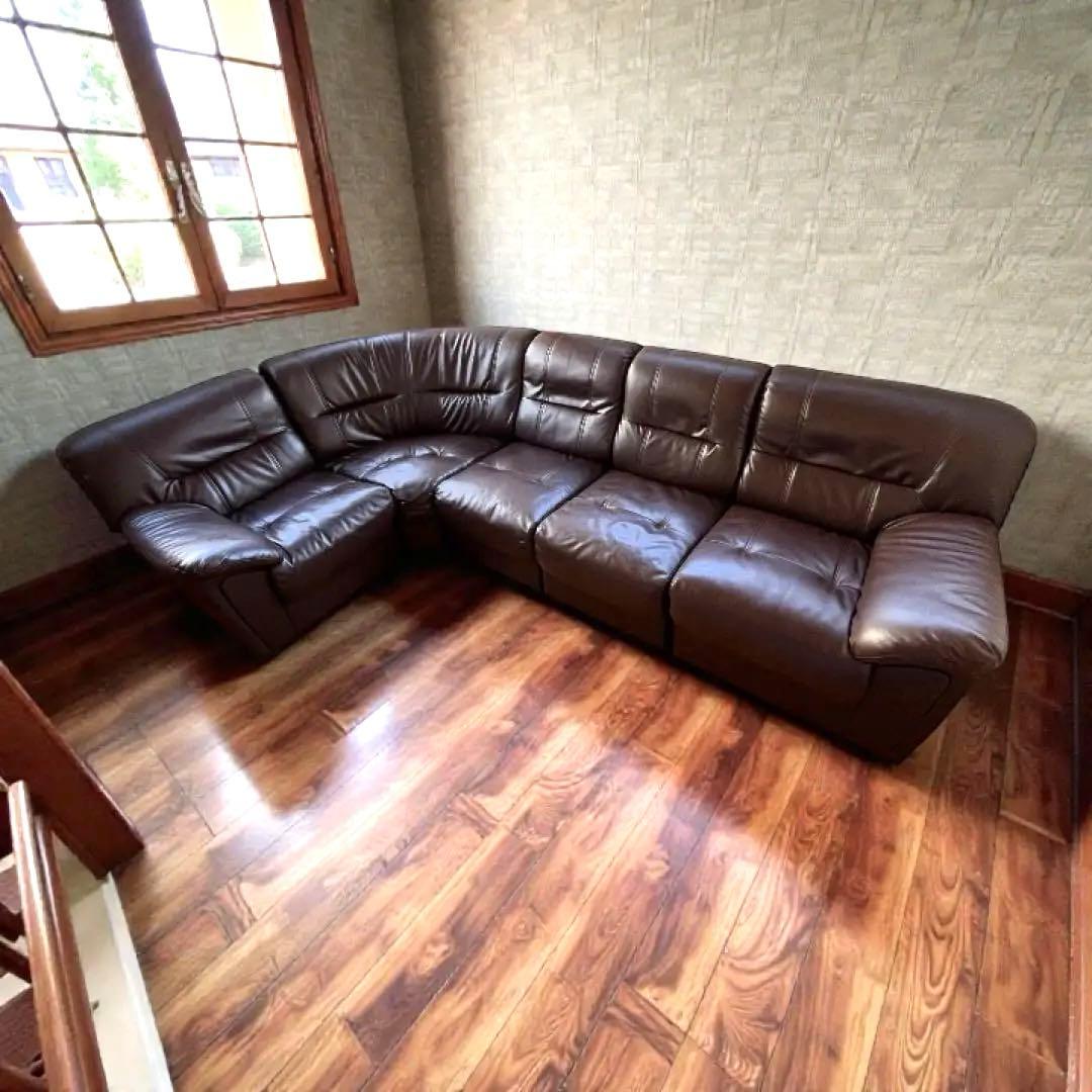 【美品】コーナーソファ L字 5人掛け 合皮レザー ダークブラウン 引き取り限定