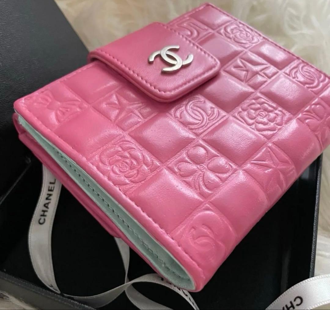 希少 シャネル CHANEL 二つ折り 財布 アイコンライン ピンクグリーン
