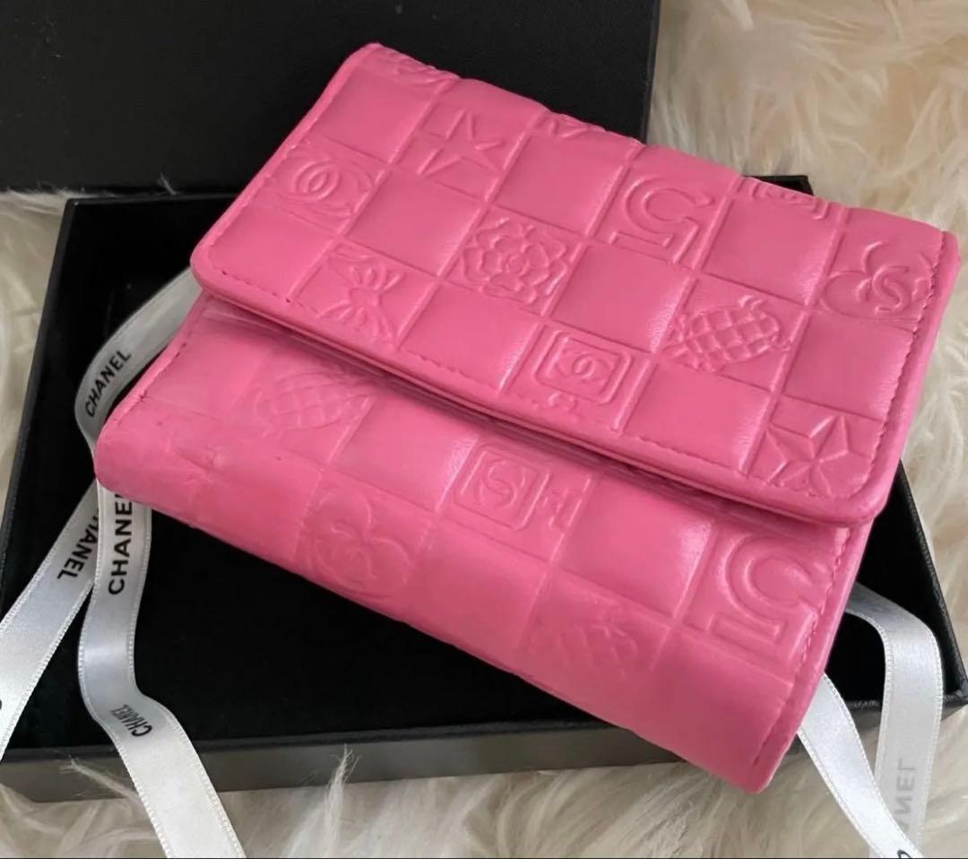 希少 シャネル CHANEL 二つ折り 財布 アイコンライン ピンクグリーン
