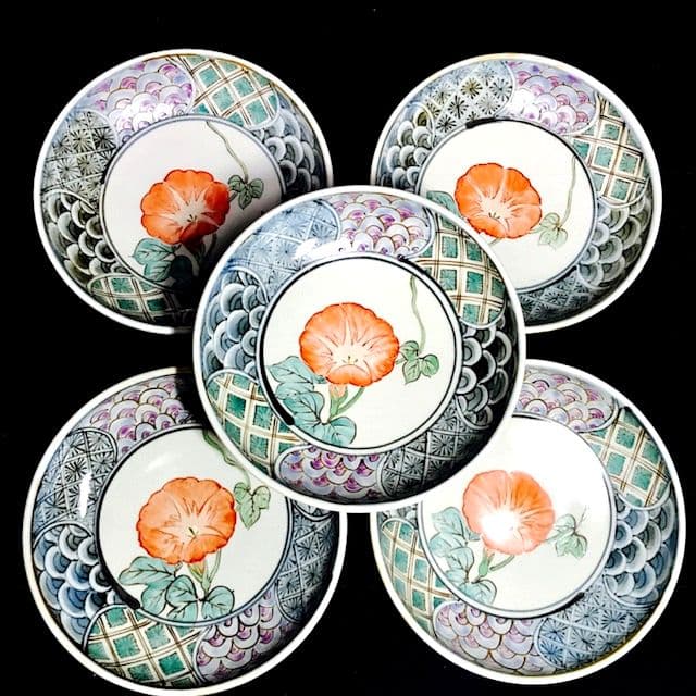 有田焼　5代　佐藤走波　染錦　草花文　5寸鉢　5枚セット