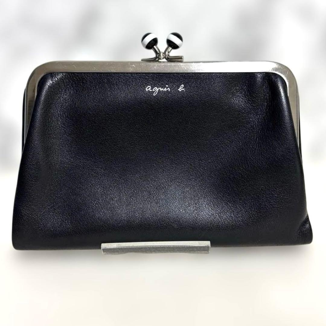 マロン様　美品✨アニエスベー　がま口　二つ折り財布 レザー ブラック