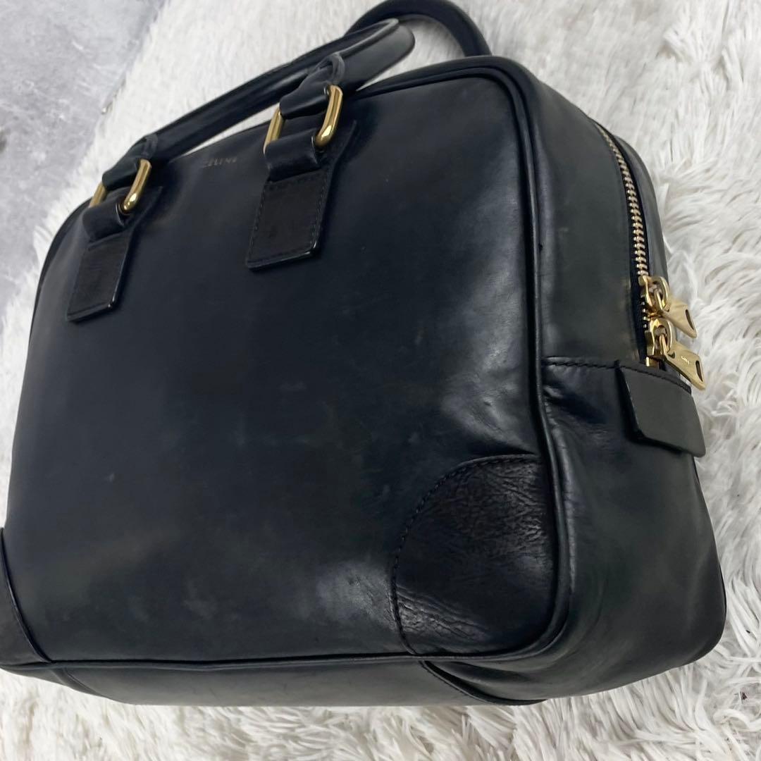 美品 セリーヌ レザー ボストンバッグ フィービー期 ロゴ型押し ブラック