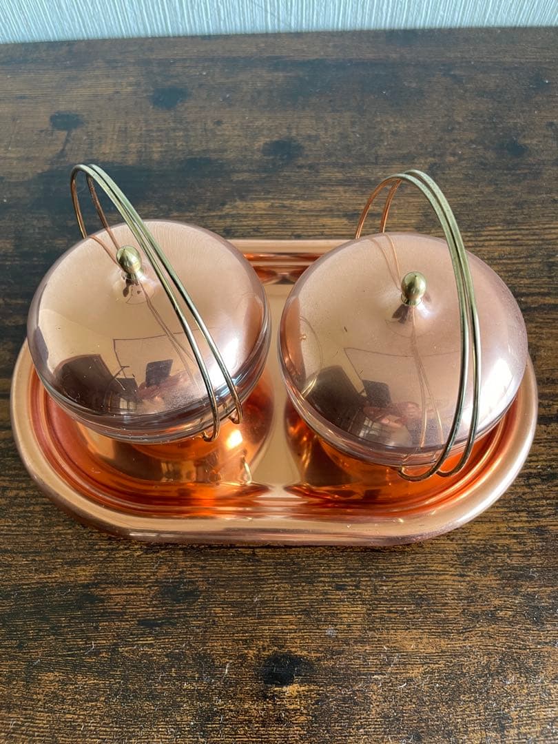 銅製 菓子入れセット 楕円形トレイ付き