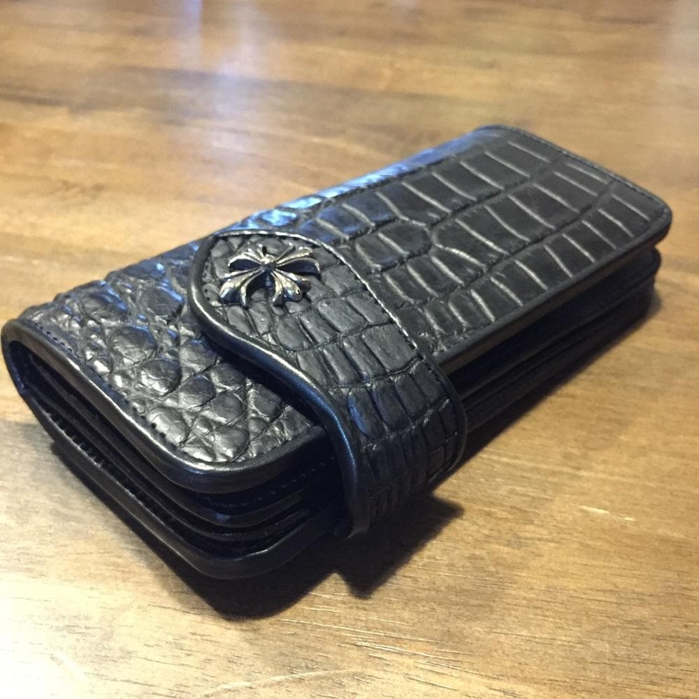新品！高級‼クールなオールブラック！クロコダイル ワニ本革 バイカーズウォレット