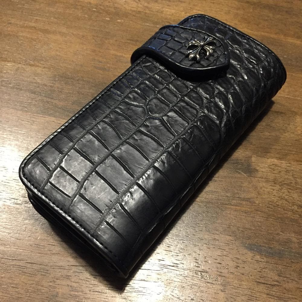 新品！高級‼クールなオールブラック！クロコダイル ワニ本革 バイカーズウォレット