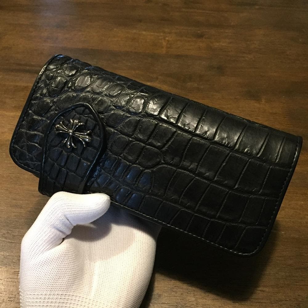 新品！高級‼クールなオールブラック！クロコダイル ワニ本革 バイカーズウォレット