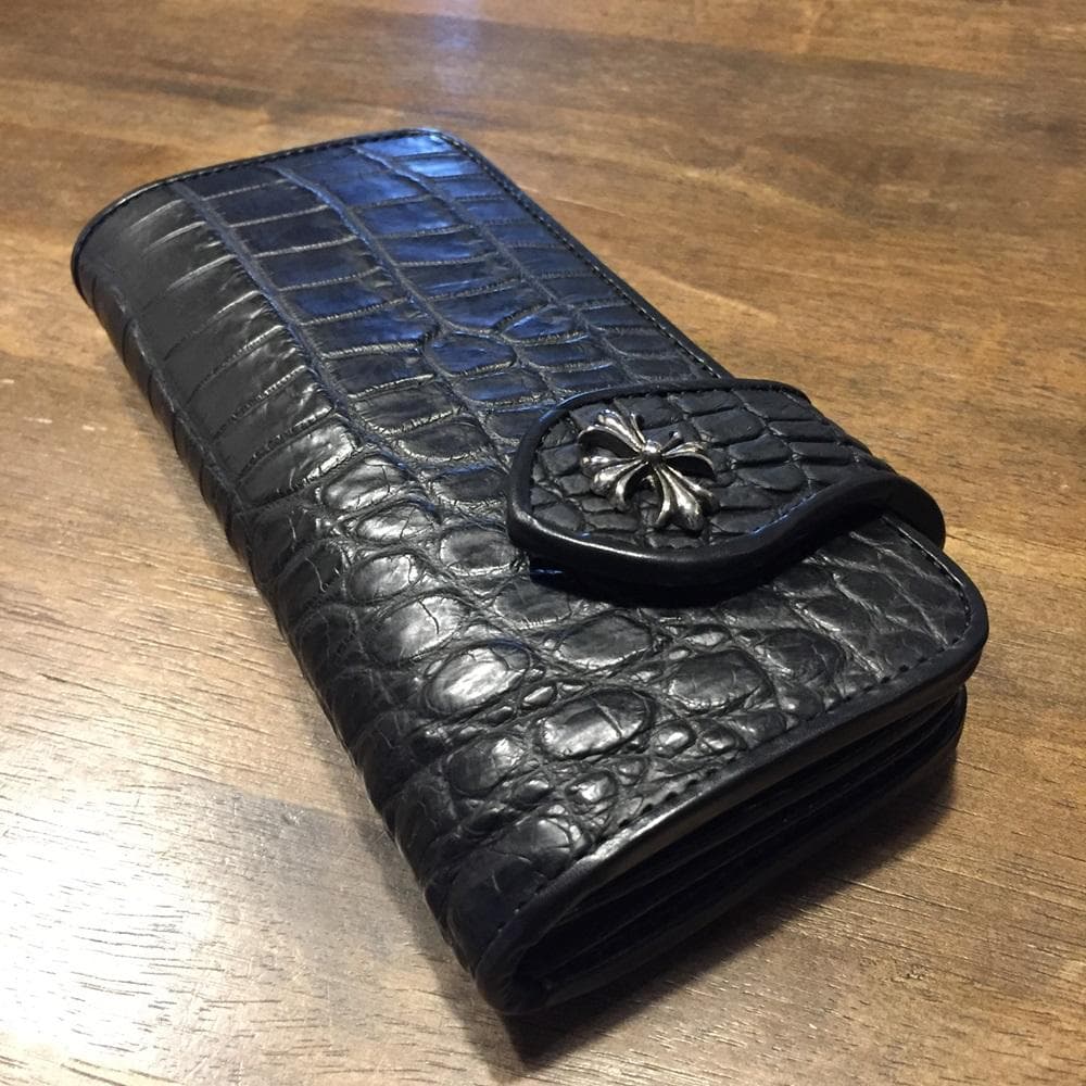 新品！高級‼クールなオールブラック！クロコダイル ワニ本革 バイカーズウォレット