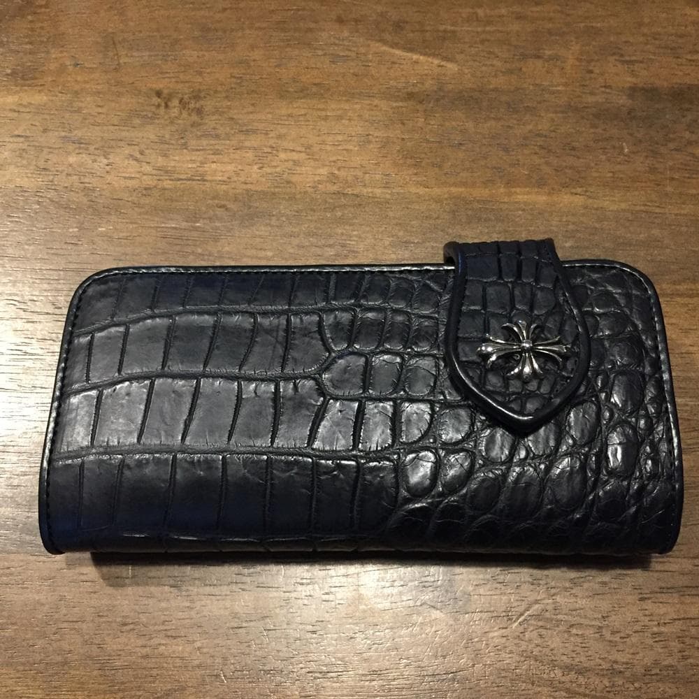 新品！高級‼クールなオールブラック！クロコダイル ワニ本革 バイカーズウォレット