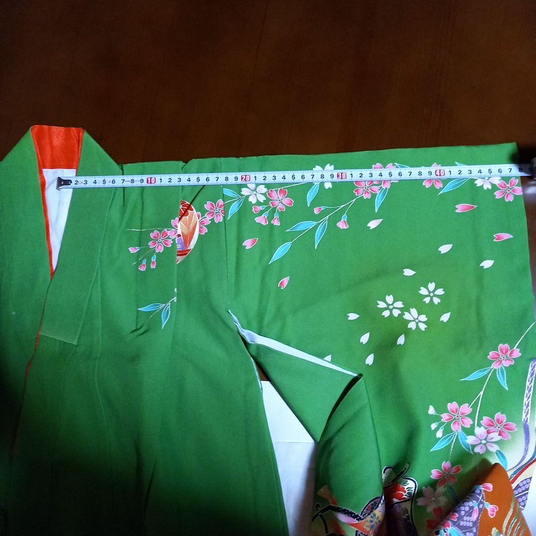 子供用　7歳　着物　長襦袢　帯　帯揚げ　しごき　小物　緑 お正月