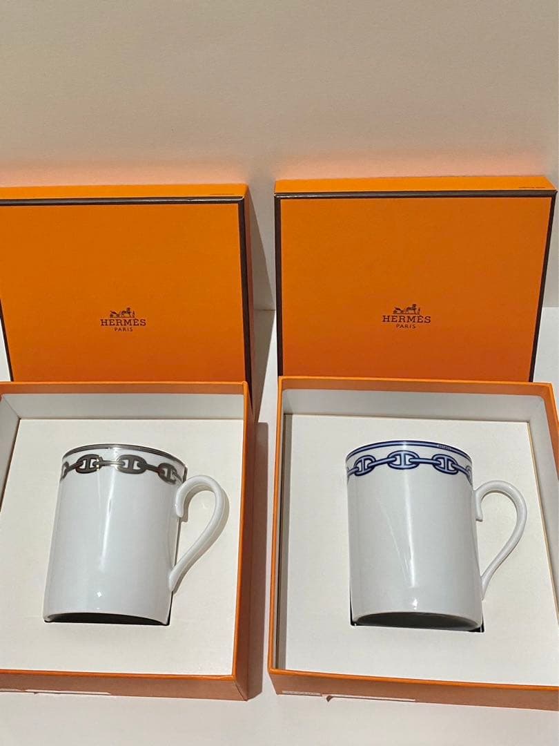 エルメスマグカップ シェーヌダンクル プラチナ&ブルー