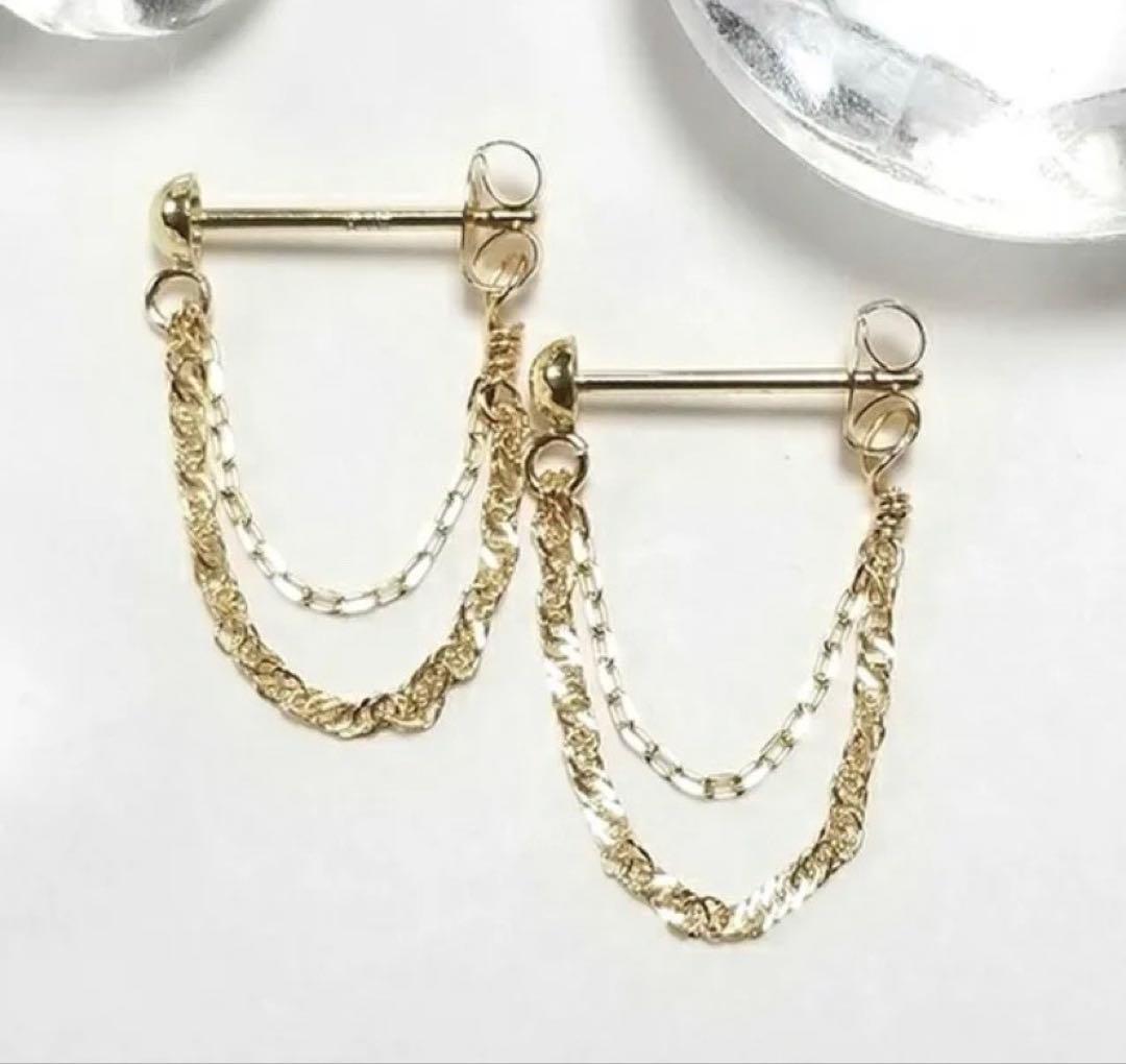 k18 18金 ２連　フープピアス　チェーンピアス