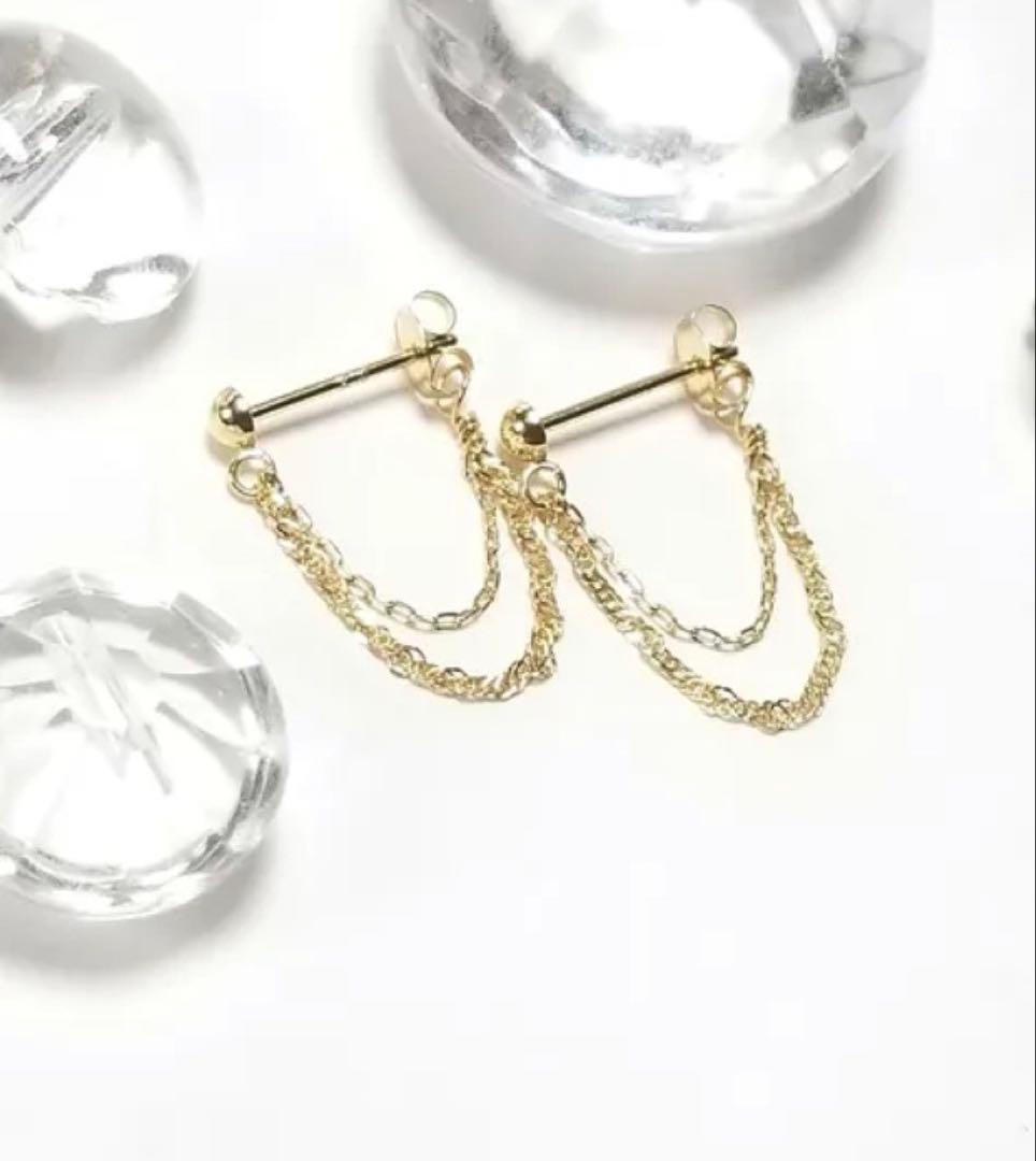 k18 18金 ２連　フープピアス　チェーンピアス