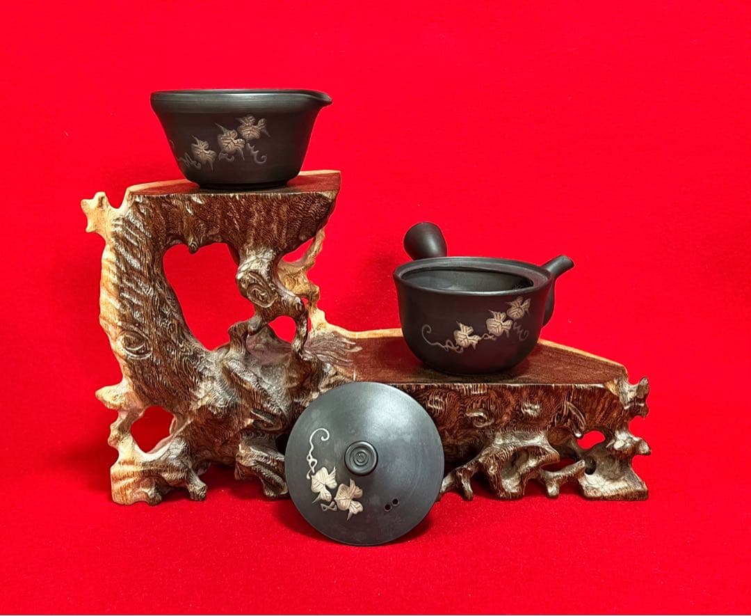 煎茶器揃 萬古焼 黒泥焼 煎茶器セット 慎旭造 茶道具 急須 湯冷まし 湯呑