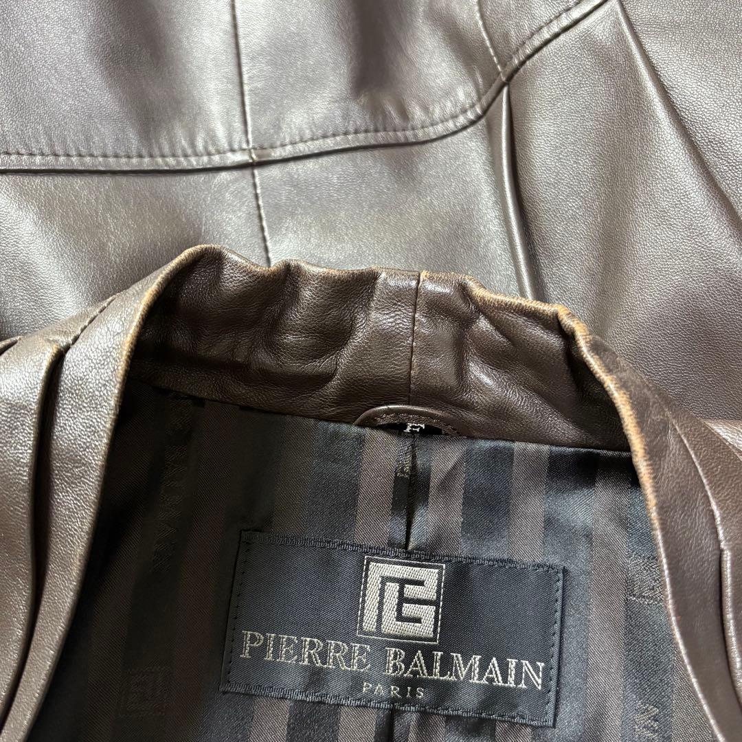 PIERRE BALMAIN ラムレザー ノーカラージャケット 日本製 裏地柄
