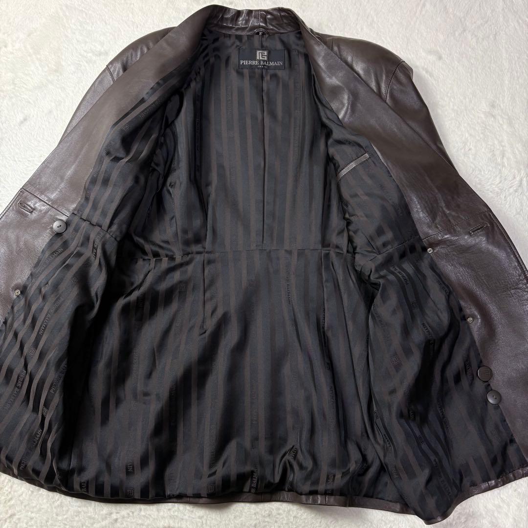 PIERRE BALMAIN ラムレザー ノーカラージャケット 日本製 裏地柄