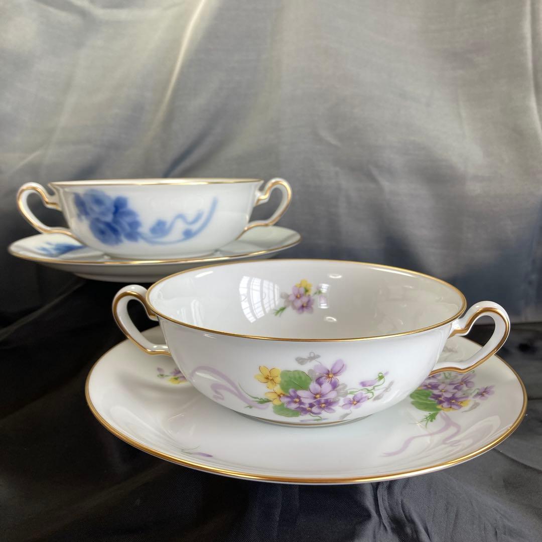 大倉陶園　すみれブーケ　ブルーブーケ　スープカップ　ダブルハンドル　花束　花