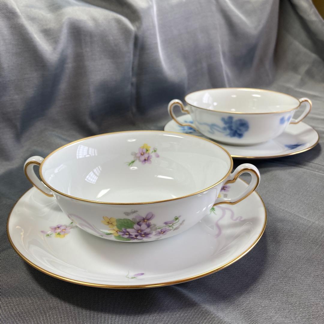 大倉陶園　すみれブーケ　ブルーブーケ　スープカップ　ダブルハンドル　花束　花