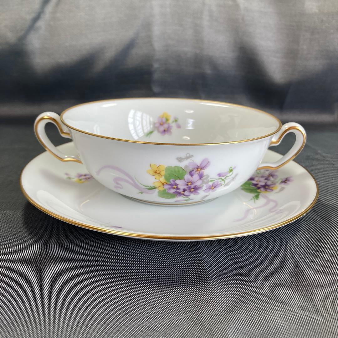 大倉陶園　すみれブーケ　ブルーブーケ　スープカップ　ダブルハンドル　花束　花