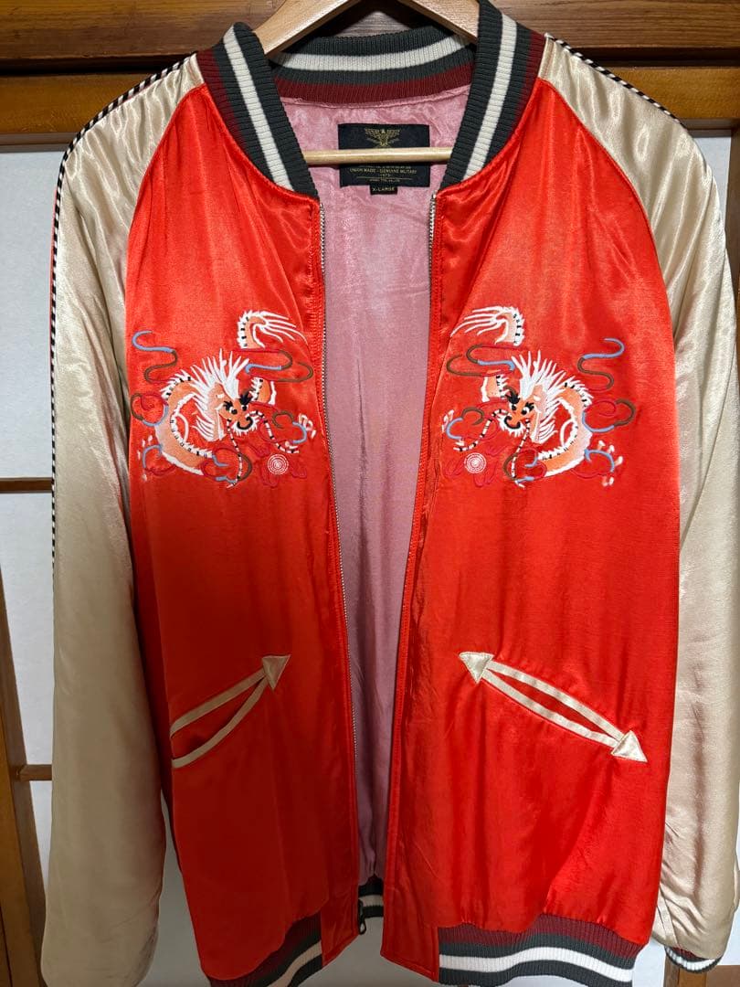 HOUSTON スカジャン オレンジ 赤系　芸者 中綿 XL 龍　レーヨン　京都