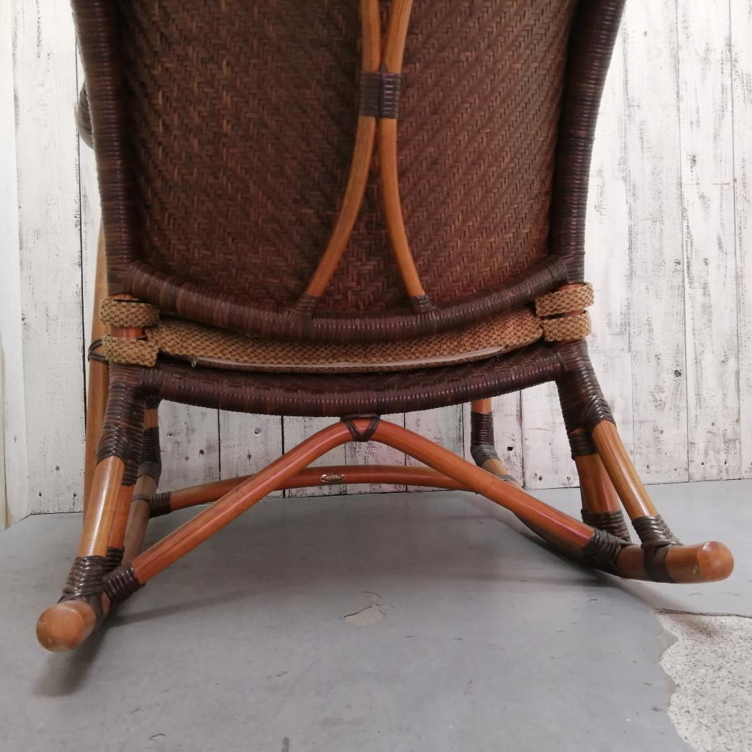 カザマ　ラタン　ロッキングチェア　籐家具　ハイバック　クッション付き　網代編み