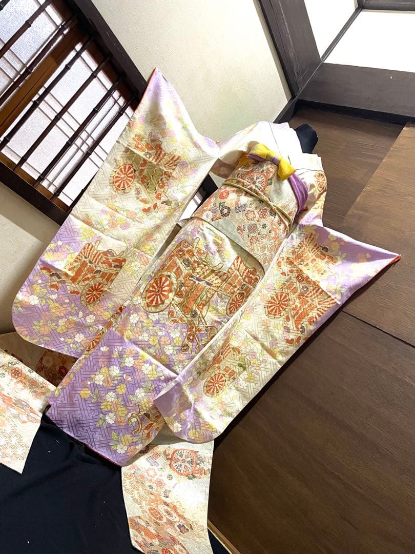 振袖フルセット6点サイズM〜Ｌ駒刺繍　御所車花文　暈し染め　金彩　正絹