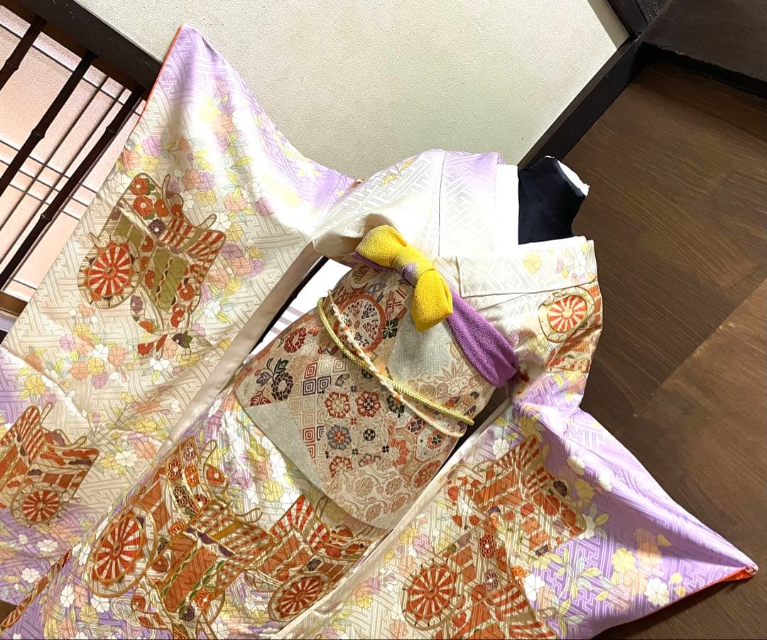 振袖フルセット6点サイズM〜Ｌ駒刺繍　御所車花文　暈し染め　金彩　正絹