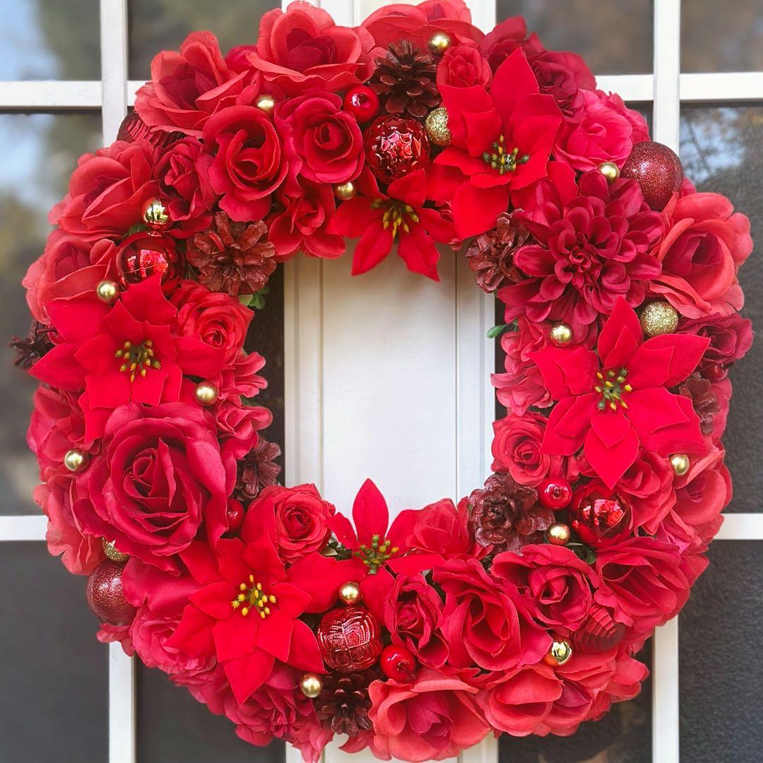 特大☆クリスマス☆ポインセチア・ダリアと赤いバラのフラワーリース☆