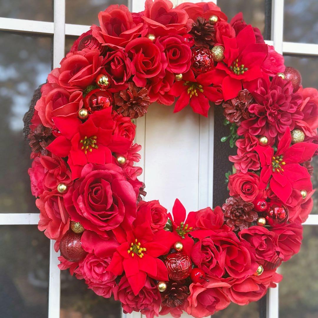 特大☆クリスマス☆ポインセチア・ダリアと赤いバラのフラワーリース☆