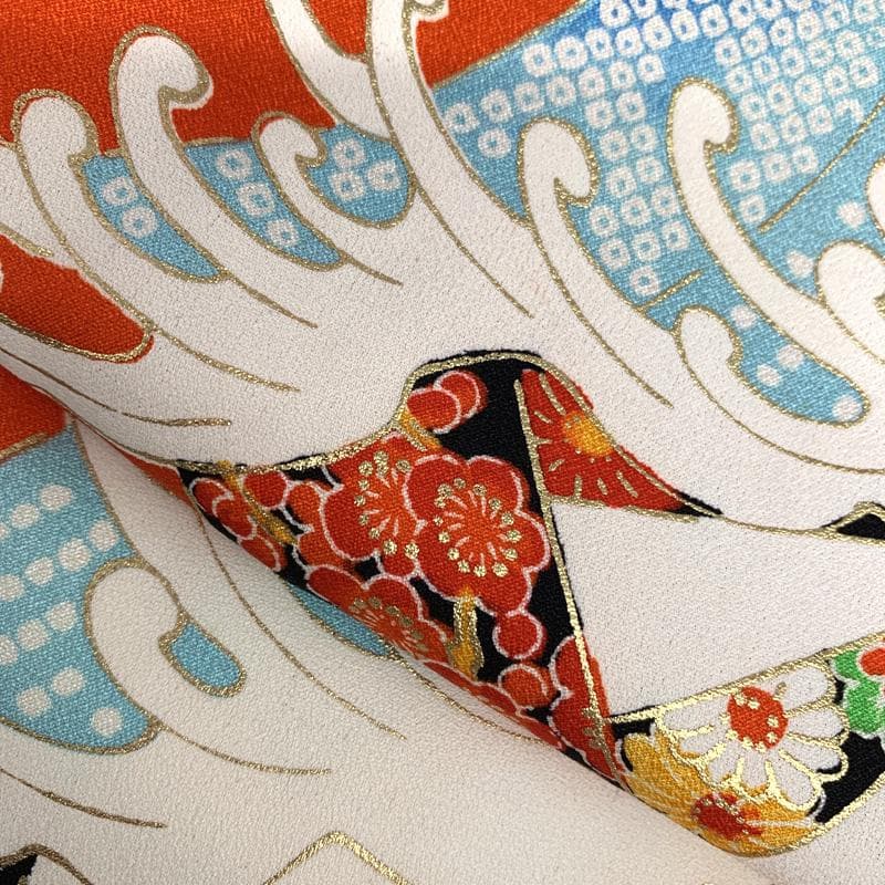 508ag72□七五三 七歳 女児 着物&袋帯&長襦袢 荒波 源氏車□状態良好