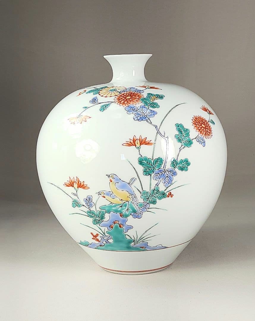 希少 重要無形文化財 中村清六作 有田焼 高麗庵清六窯 白磁錦絵 花鳥紋花瓶