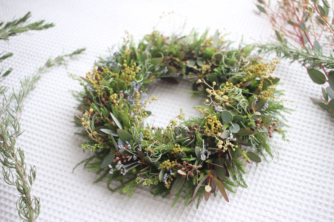 春の野原のグリーンリース＊ドライフラワーwreathe◎22センチ