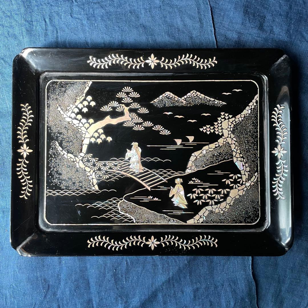 黒塗り盆 螺鈿 長方形 26㎝×35㎝ 漆器 盆 螺鈿細工 長方盆 木製 お盆