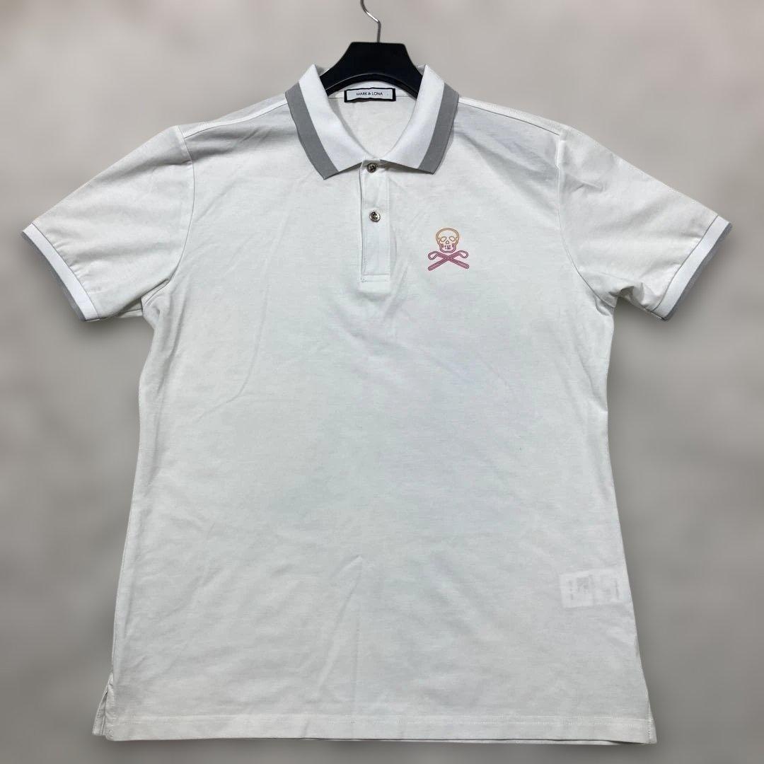 極美品 マークアンドロナ ゴルフウェア 半袖ポロシャツ 白 ドクロ Lサイズ相当