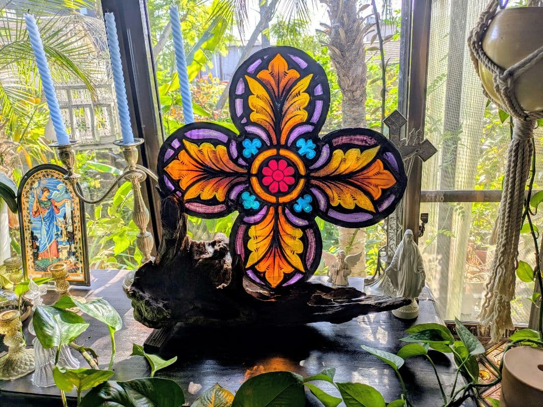 幸運の四つ葉の花文 アンティーク ステンドグラス 教会 クリスマス キリスト