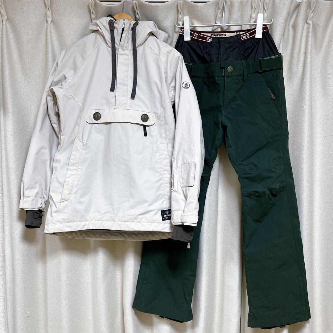 【美品】Mサイズ　スノーボードウェア　白　グリーン　上下セット ESTIVO