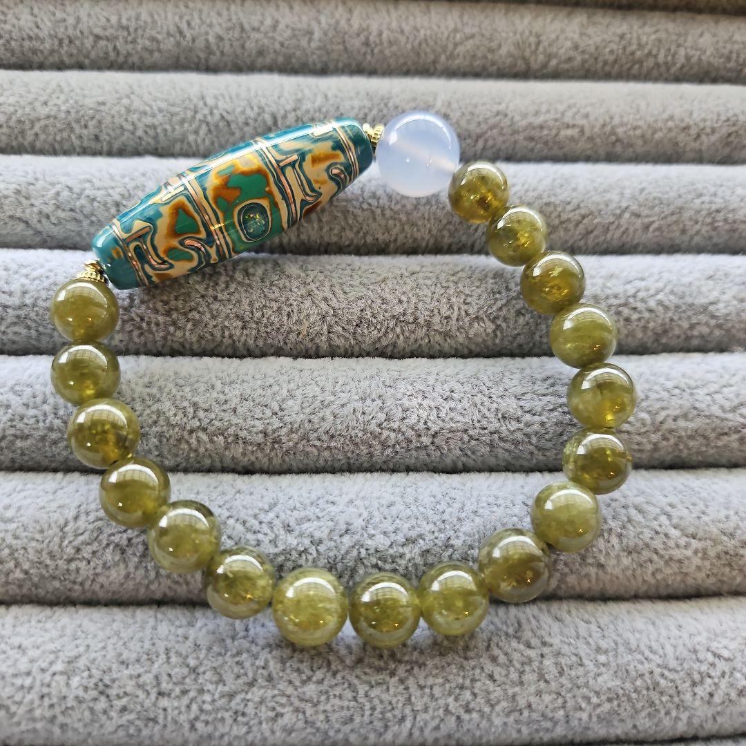 漆　天珠　グリーンガーネット　カルセドニー　ブレスレット