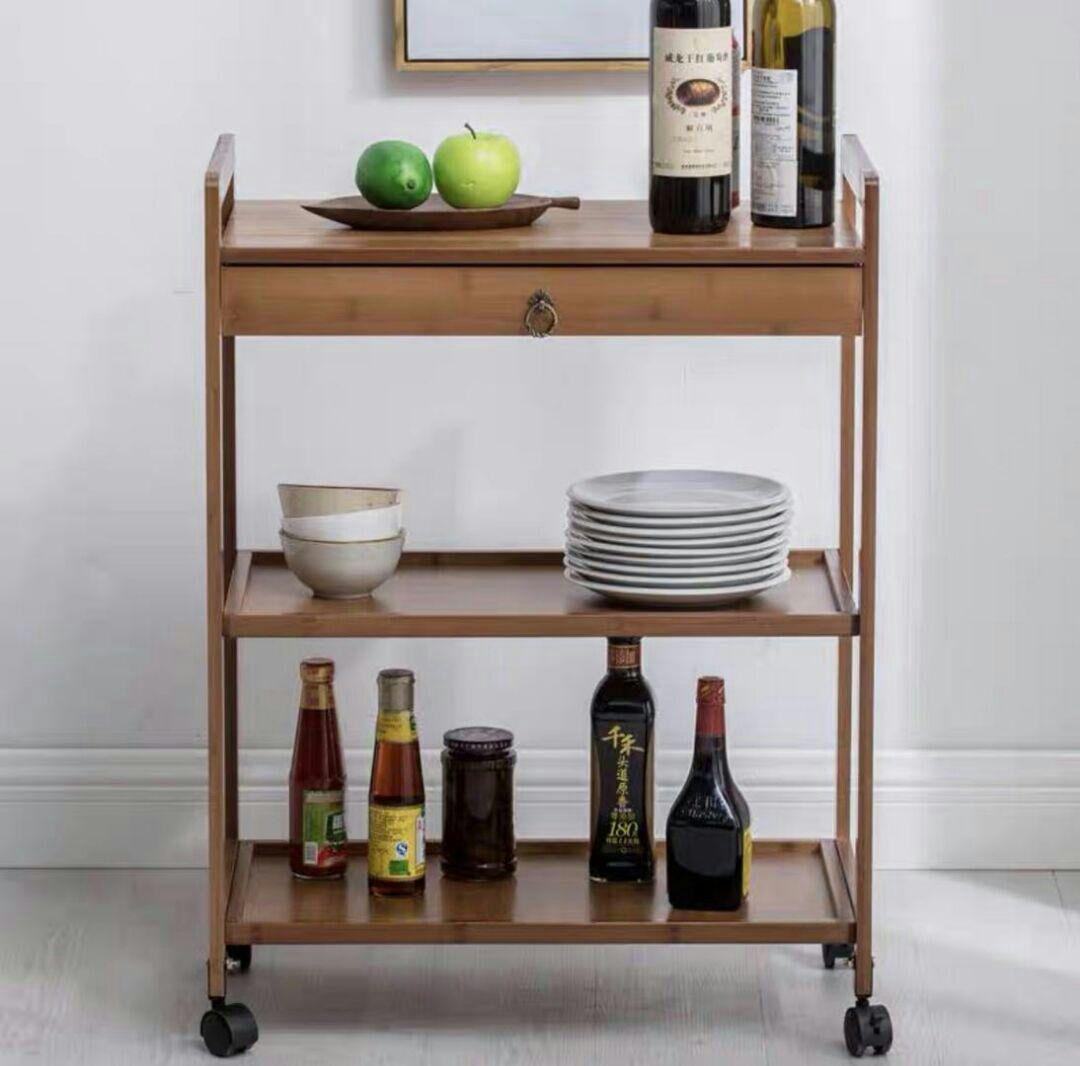 【楠竹移動食堂車置物棚台所整理お茶酒家庭用押し車多層棚】3