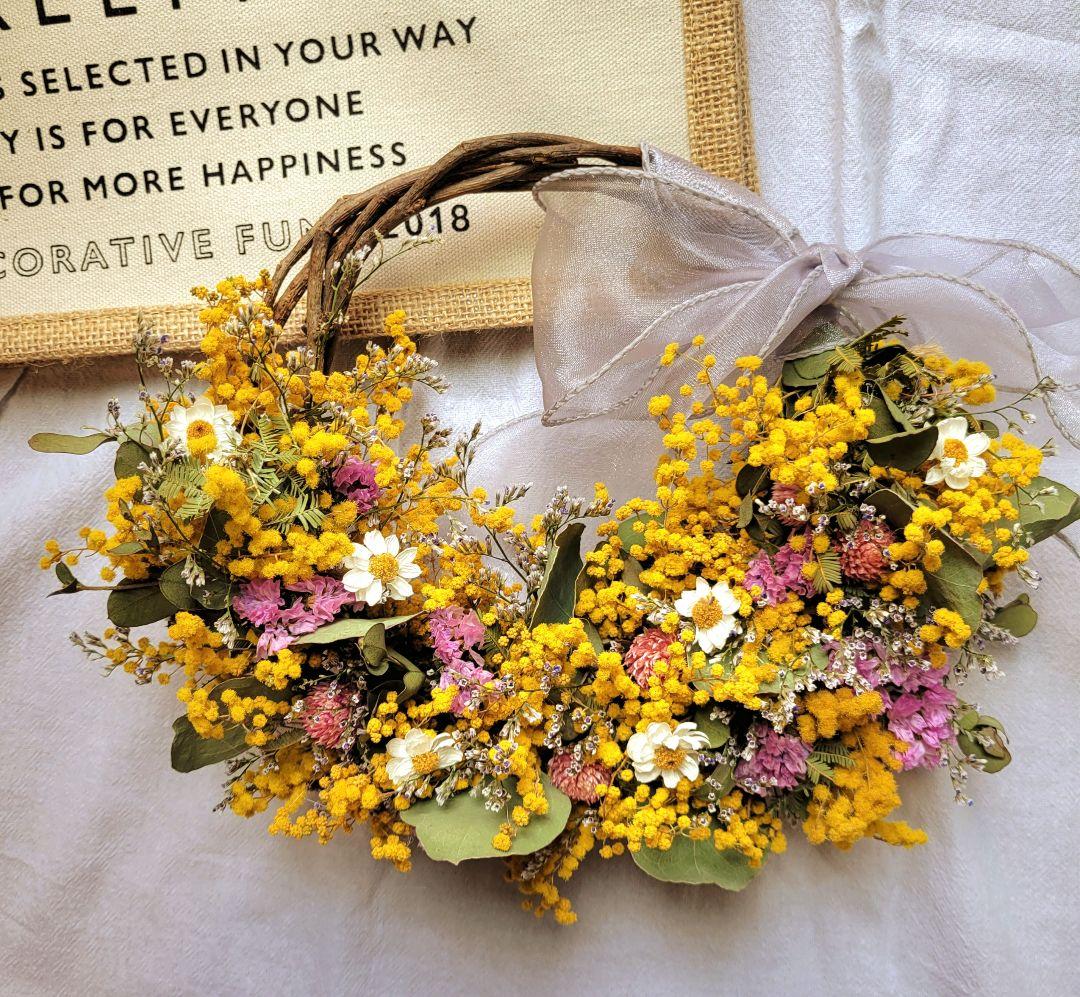 リニューアル！ふんわり☆ミモザリース　ドライフラワー　ハーフリース　ナチュラル