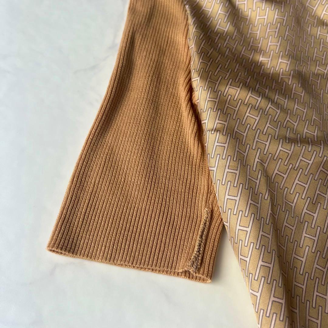 エルメス シャツ Hロゴ 金ボタン シルク ニット切替 ブラウン 40 フランス