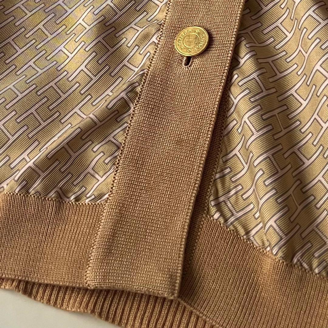 エルメス シャツ Hロゴ 金ボタン シルク ニット切替 ブラウン 40 フランス