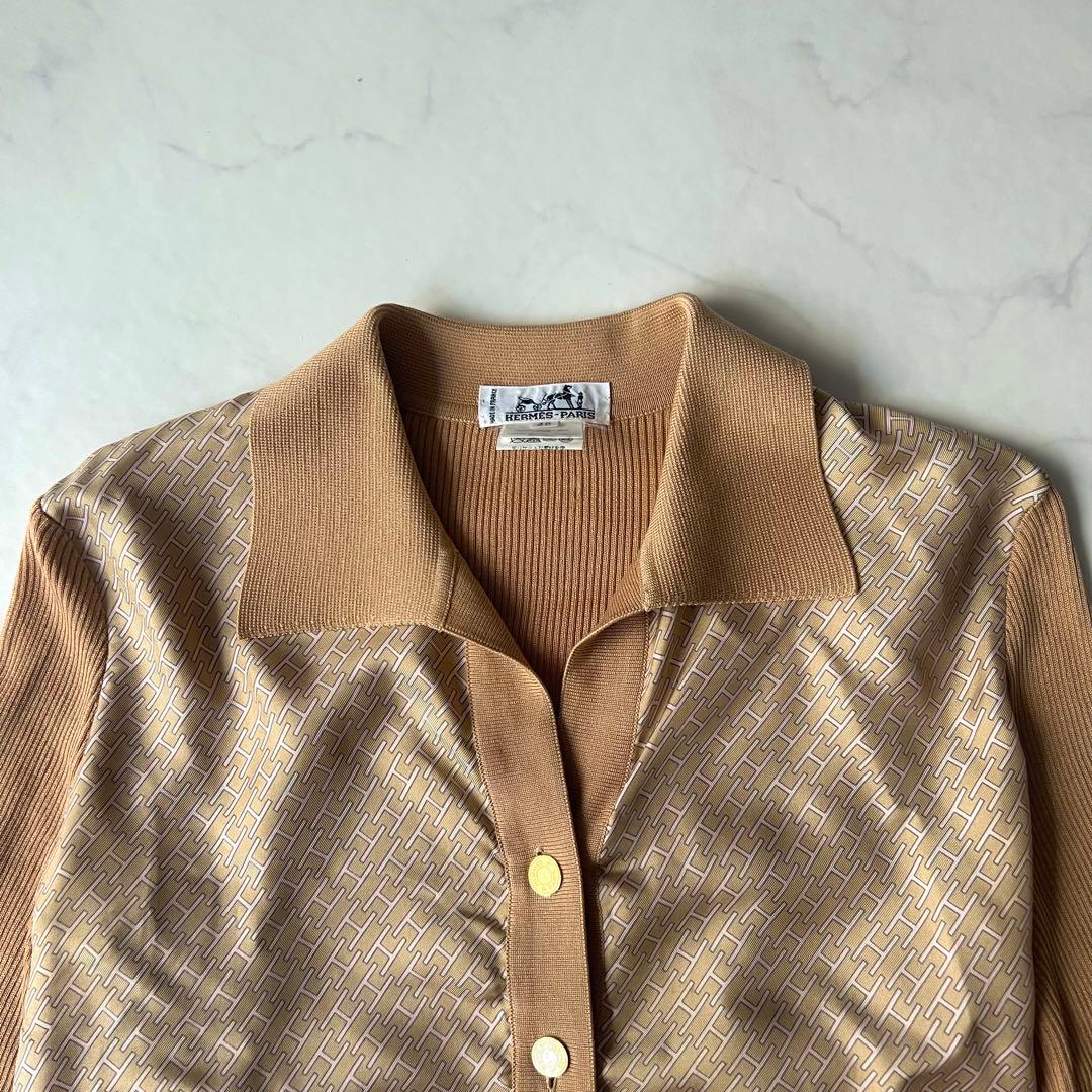 エルメス シャツ Hロゴ 金ボタン シルク ニット切替 ブラウン 40 フランス
