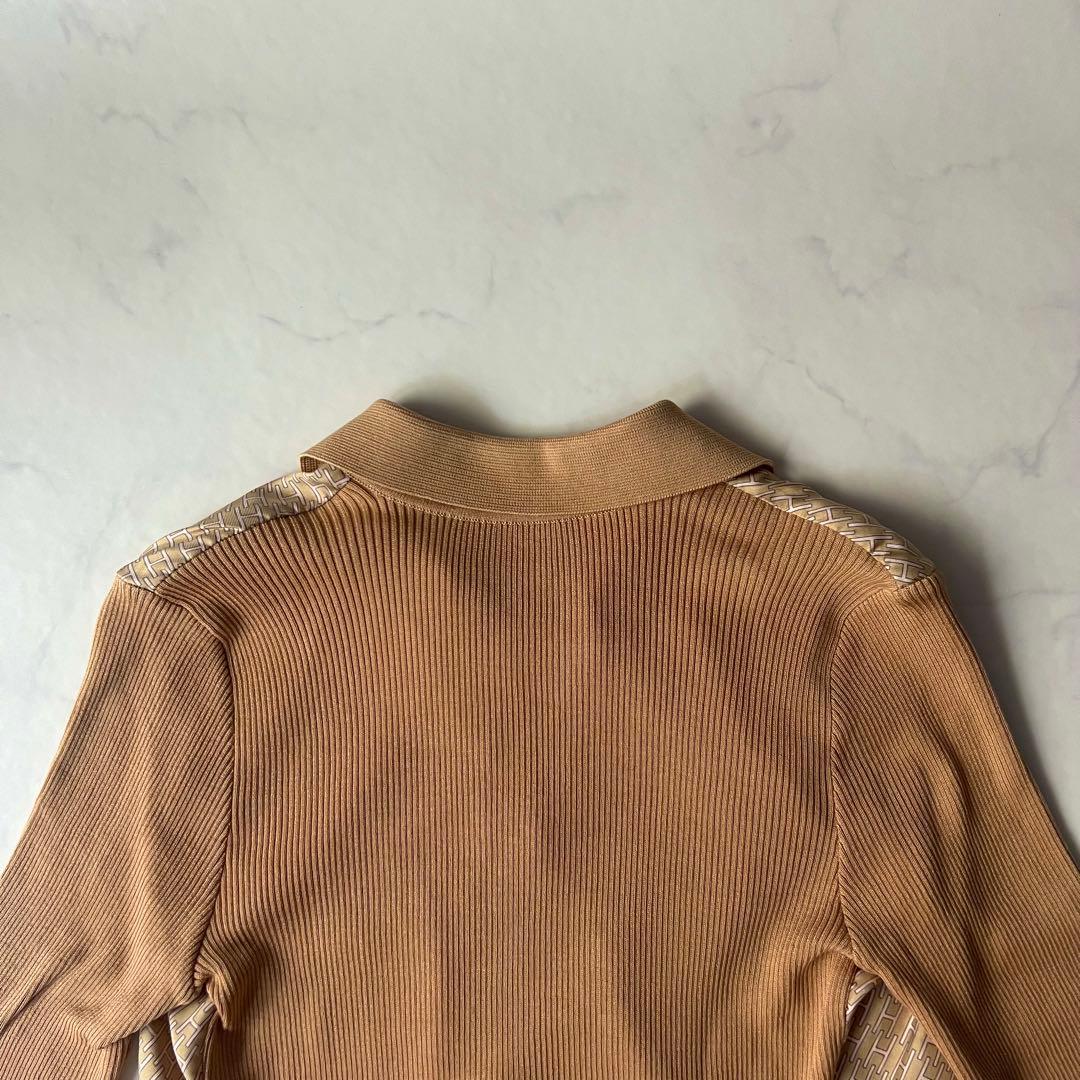 エルメス シャツ Hロゴ 金ボタン シルク ニット切替 ブラウン 40 フランス