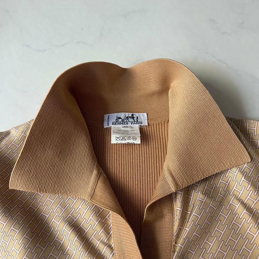 エルメス シャツ Hロゴ 金ボタン シルク ニット切替 ブラウン 40 フランス