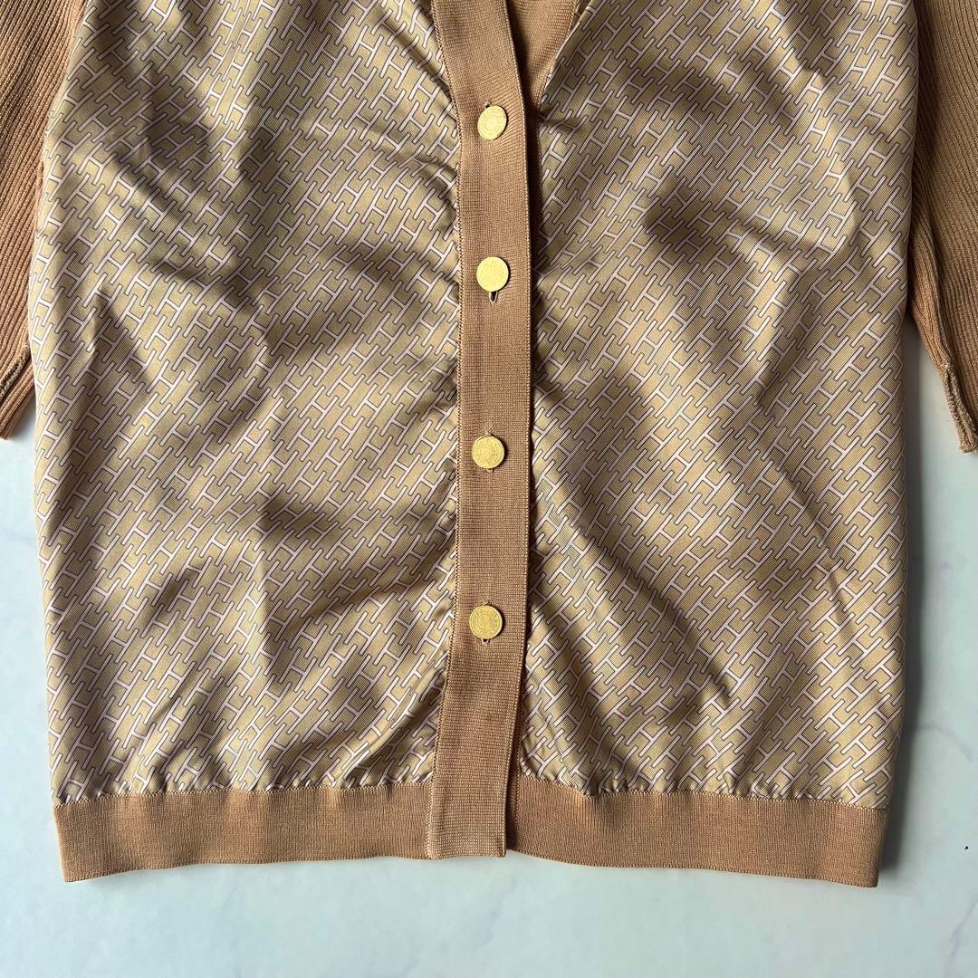 エルメス シャツ Hロゴ 金ボタン シルク ニット切替 ブラウン 40 フランス