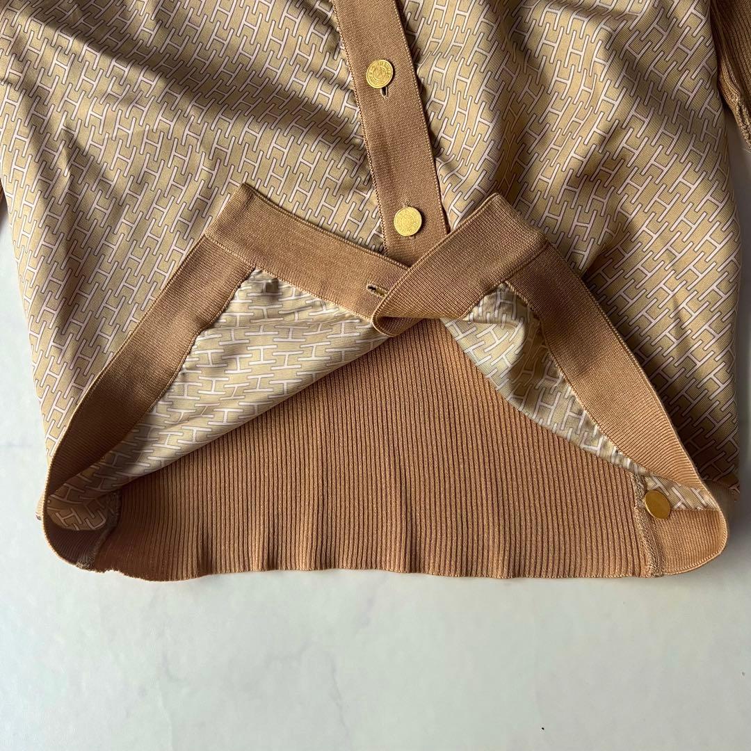 エルメス シャツ Hロゴ 金ボタン シルク ニット切替 ブラウン 40 フランス