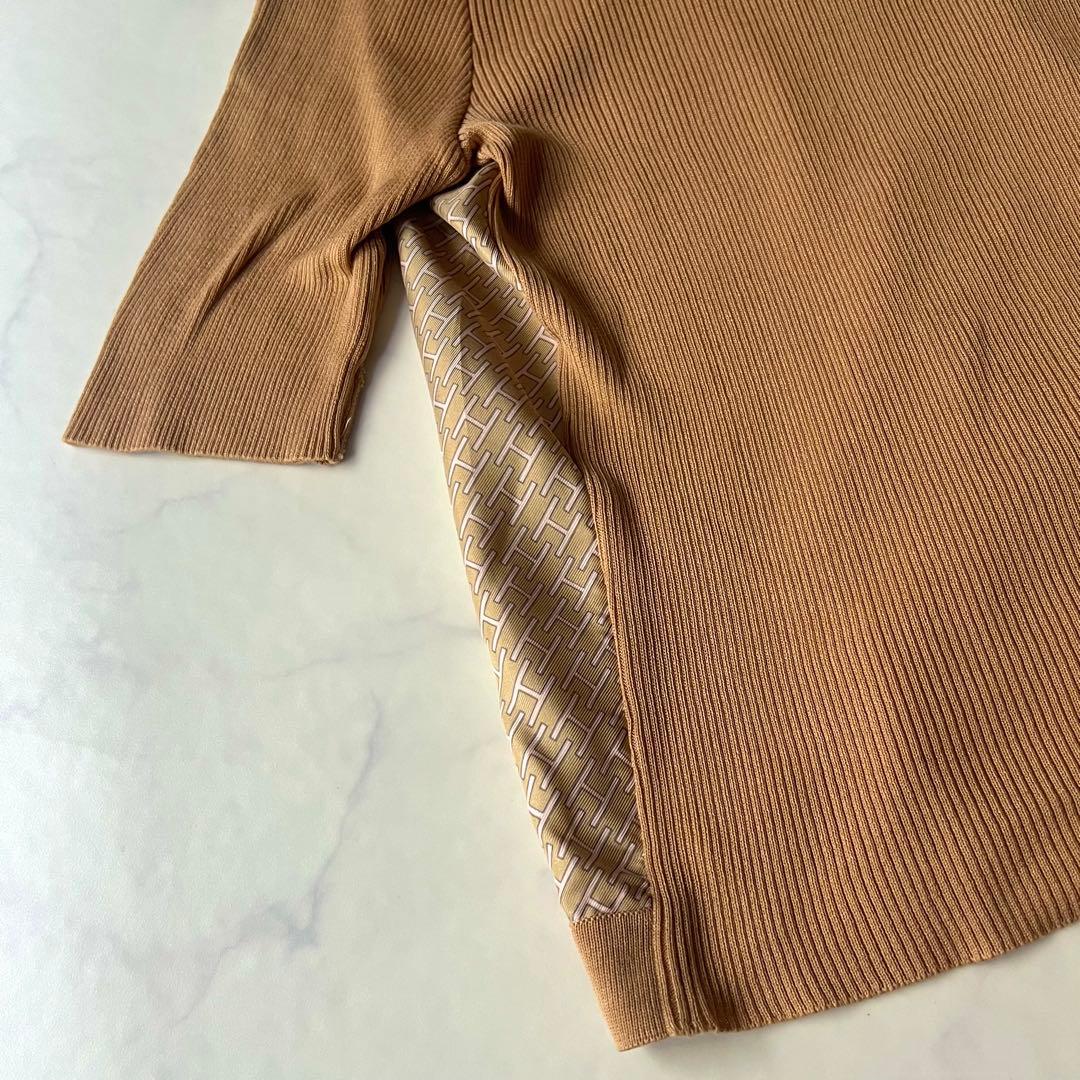 エルメス シャツ Hロゴ 金ボタン シルク ニット切替 ブラウン 40 フランス