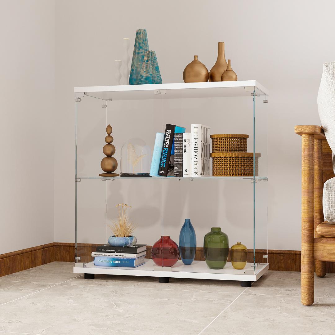 【新品】コレクションケース  ガラス 2段ワイド 棚 ホワイト