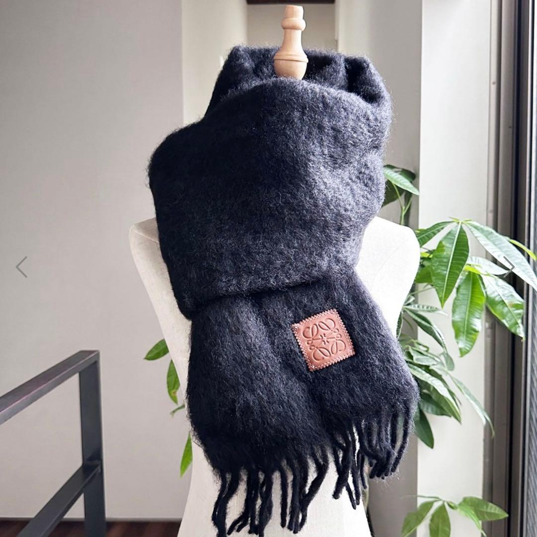 【美品】LOEWE ロエベ モヘア アナグラム レザーパッチ ストール ブラック