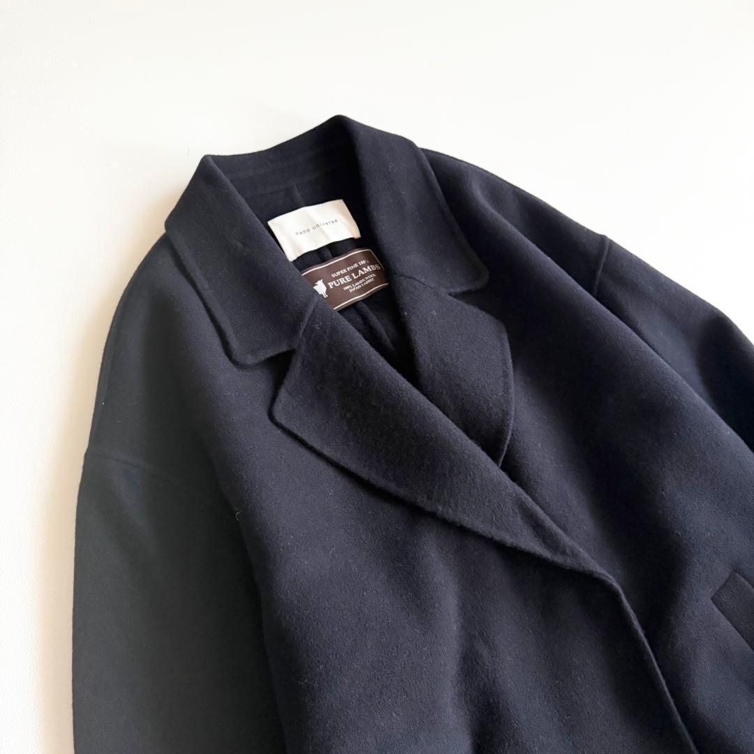 【ナノユニバース】PURE LAMBS リバーロングコート ネイビー M